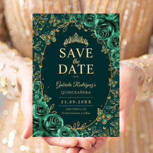 Reserve A Data Verde Esmeralda Dourado Floral Quinceanera