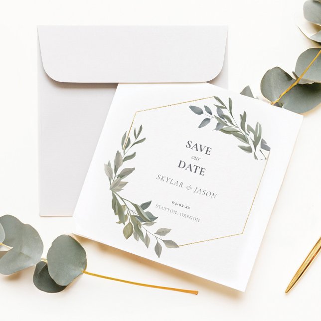 Reserve A Data Verde Folha Mínimo e Terrário Geométrico Dourado (Minimal Leaf Greenery & Gold Geometric Terrarium Save The Date)