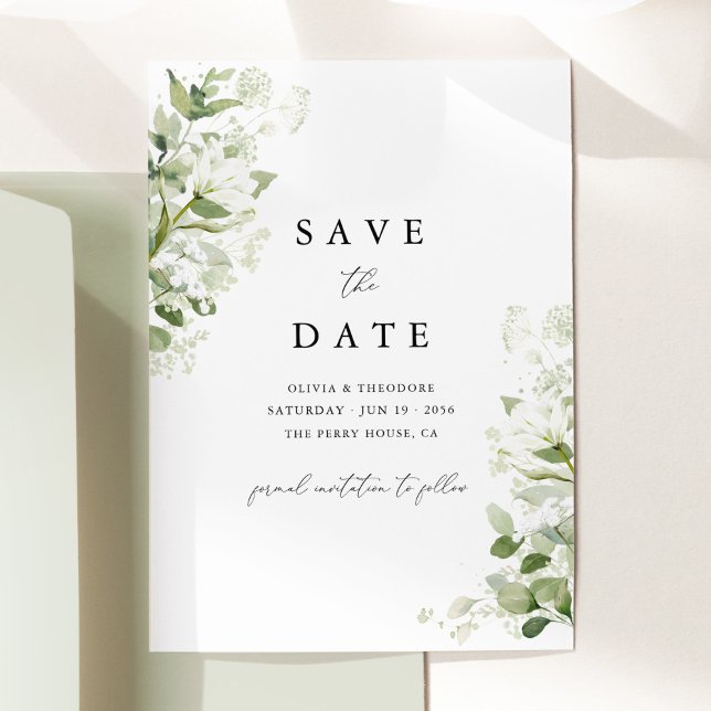 Reserve A Data Verde Salvia Orgânico Folhagem Aquarela Casamento (Sage green organic greenery wedding save the date card with watercolor botanical & modern elegant)