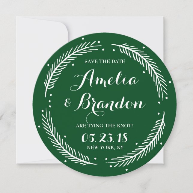 Reserve A Data Verdes Whimsical Winter Wreath Save the Date Card (Frente)
