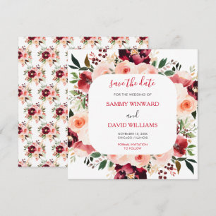 Reserve A Data Vermelho Borgonha e Floral Rosa Beije Save The Dat