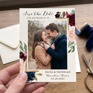 Reserve A Data Vermelho Borgonha Rosa Azul Floral Dourado Foto