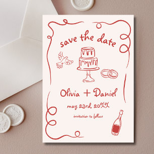 Reserve A Data Vermelho Caprichoso Desenho à Mão Casamento Francê