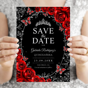 Reserve A Data Vermelho Prata Preto Floral de Quinceanera