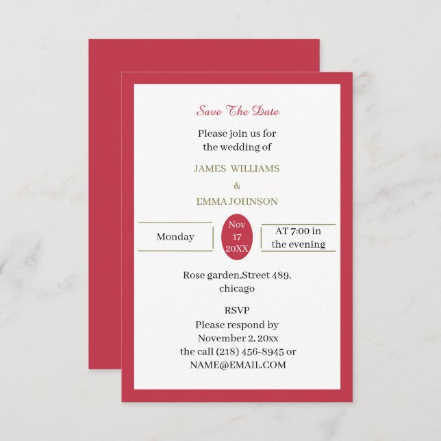 Reserve A Data Vermelho Simples Personalizado (Frente/Verso)