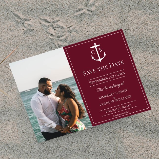 Reserve A Data Vermelho Vinho Náutico Monograma Foto Salve o Dia (Wine Red Nautical Monogram Photo Save the Date)