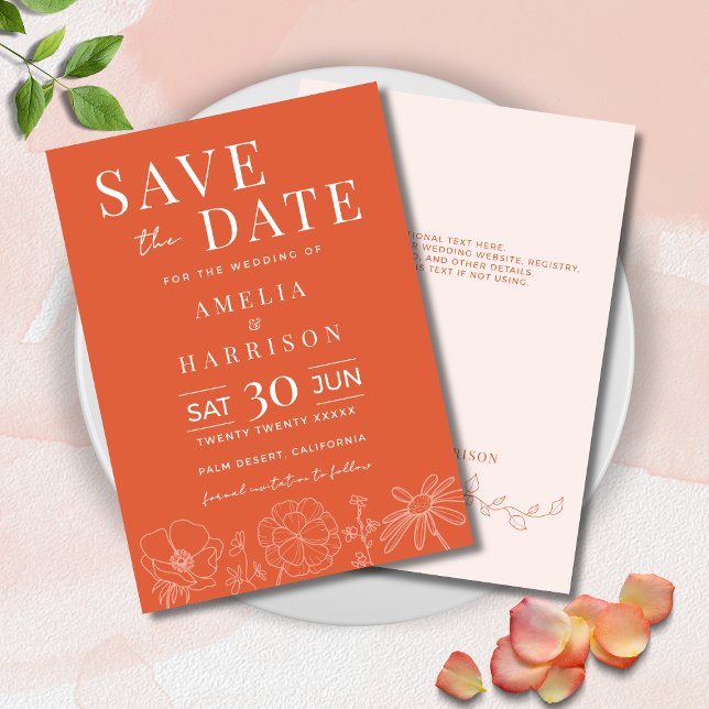 Reserve A Data Verona Sunset Bright Orange Elegant Floral Casamen (Verona Sunset Bright Orange Floral Wedding Save the Date with Line Art, Optional Text on Back.)