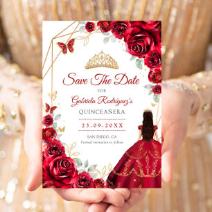 Reserve A Data Vestido de Rosas Vermelhas Quinceanera Dourado