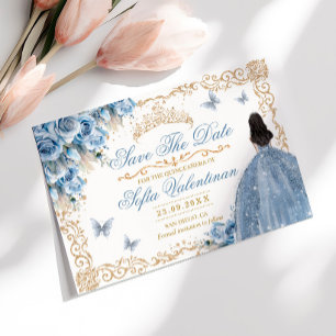 Reserve A Data Vestido Luxuoso Azul Bebê Dourado Princesa Quincea