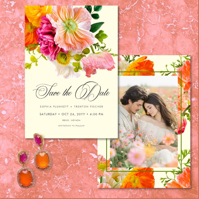 Reserve A Data Vibrant Summer Floral Yellow Orange Pink Photo (Vibrant Summer Floral Yellow Orange Pink Photo Save The Date)