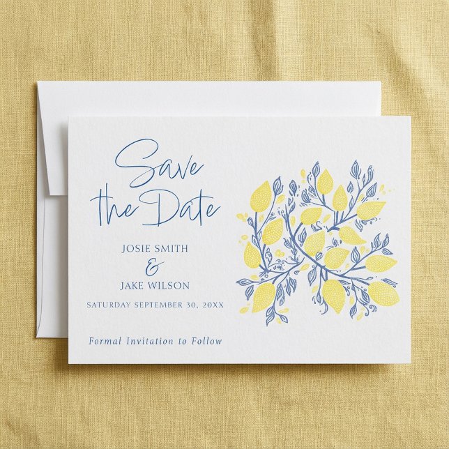 Reserve A Data Vinhas-limão azuis e amarelas salvam a data (Blue and yellow Lemon vines save the date.)