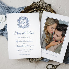 Reserve A Data Vintage Blue Elegant Crest Monogram Wedding Photo