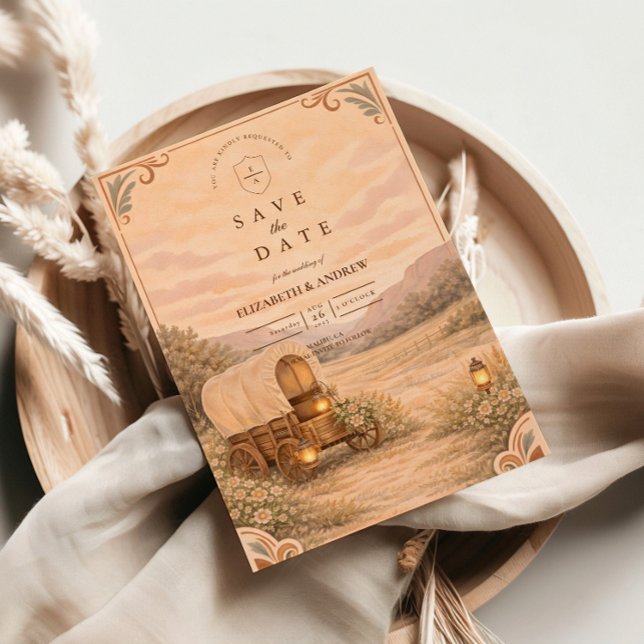 Reserve A Data Vintage Covered Wagon Meadow Wedding (Criador carregado)