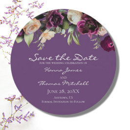 Reserve A Data Vintage Floral Dark Lavanda Round Casamento
