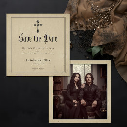 Reserve A Data Vintage Gothic Black Toile Cross Tan Photo Wedding
