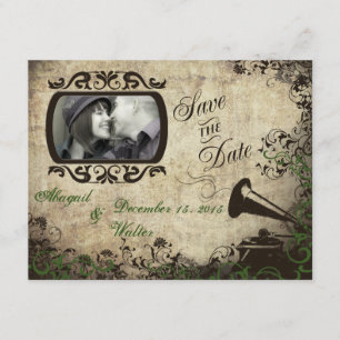 Reserve A Data Vintage Phonograph Wedding Save the Date Green