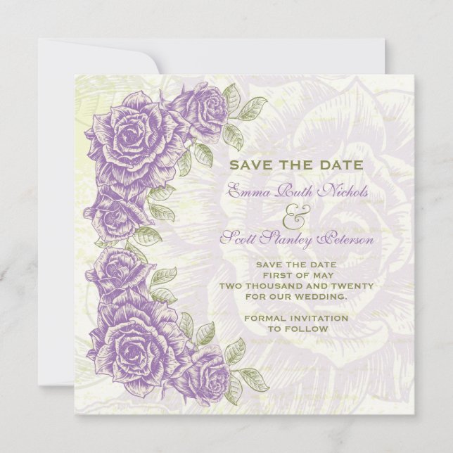 Reserve A Data Vintage rosas roxos casamento Salvar a Data (Frente)
