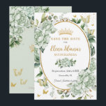 Reserve A Data Vintage Sage Green Floral Butterflies Quinceañera<br><div class="desc">Personalize esta vintage chic sage green floral Quinceañera / 16 anos doce salve a data fácil e rapidamente. Basta clicar no botão personalizar para editar os textos, alterar as fontes e as cores das fontes. Apresentando flores verdes, borboletas e um espaço oval cortado com cores aquáticas moles, para colocar todos...</div>