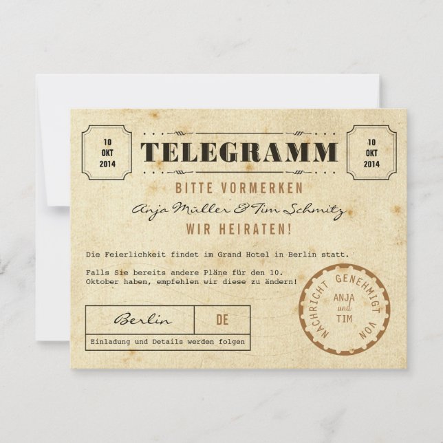 Reserve A Data Vintage Telegramm Save the Date (Frente)