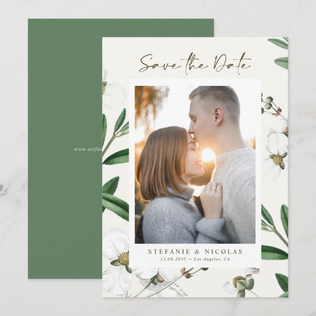 Reserve A Data Vintage White Flowers Foto Botânica (Frente/Verso)