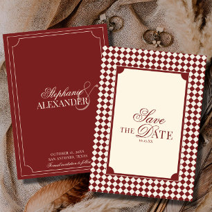 Reserve A Data Vintage Xadrez Vermelho Escuro Antigo Casamento de
