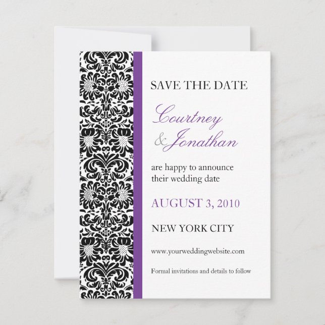 Reserve A Data Violet Accented Damask Save the Date (Frente)