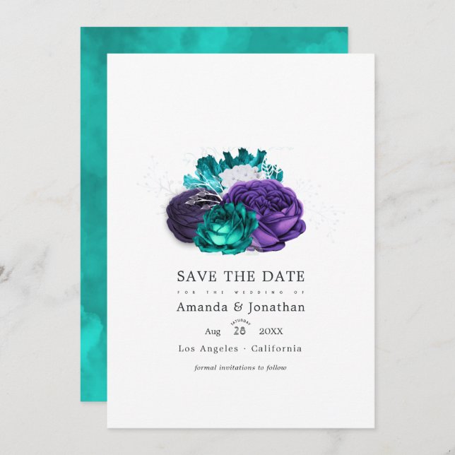 Reserve A Data Violet and Turquoise Floral Wedding Photo Save The (Frente/Verso)