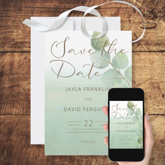 Reserve A Data Wash de Aquarela Verde Eucalyptus Salve a Data (Criador carregado)