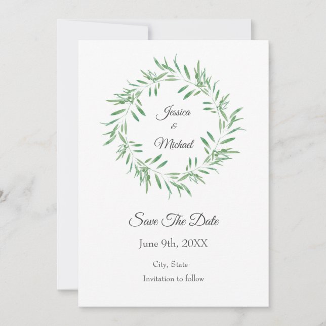 Reserve A Data Watercolor Green Olive Wreath Salvar Data (Frente)