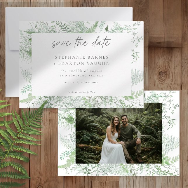 Reserve A Data Watercolor Greenery Fern Rustic Wedding Photo (Criador carregado)