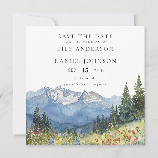Reserve A Data Watercolor Mountain Wildflower Floral Wedding (Frente)