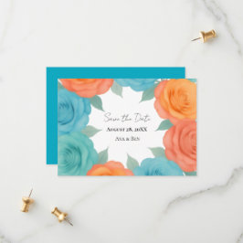 Reserve A Data Watercolor Orange and Teal Roses Wedding