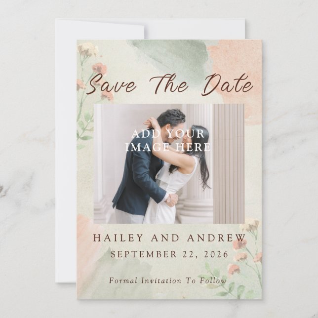 Reserve A Data Watercolor Peach & Green Minimal Wedding Photo (Frente)