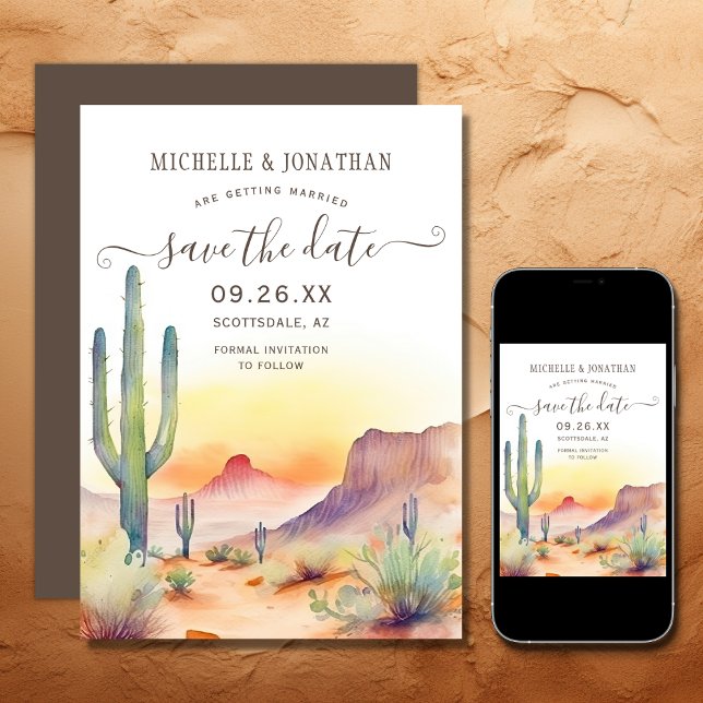 Reserve A Data Watercolor Southwestern Desert e Casamento Cactus (Printed and Digital - Watercolor Southwestern Desert and Cactus Wedding Save The Date)