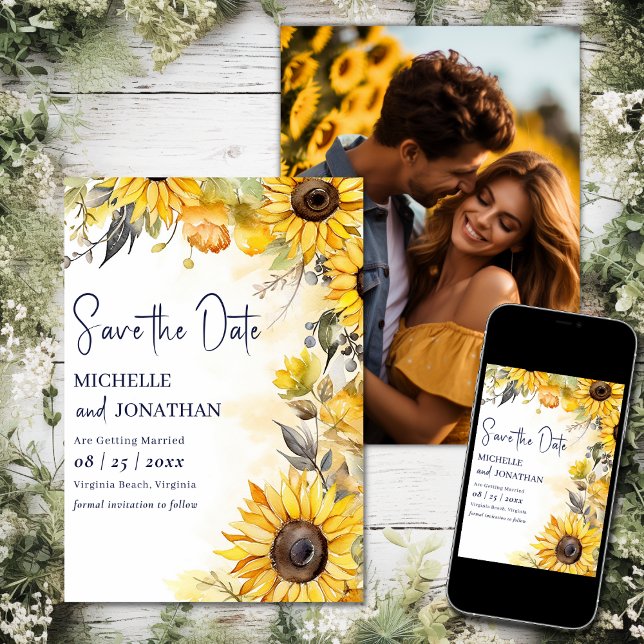Reserve A Data Watercolor Sunflower Floral Flower Photo (Printed and Digital - Watercolor Sunflower Floral Flower Wedding Photo Save The Date)
