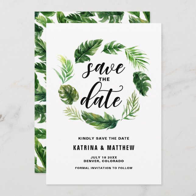 Reserve A Data Watercolor Tropical Leaves Wreath Salvar Data (Frente/Verso)