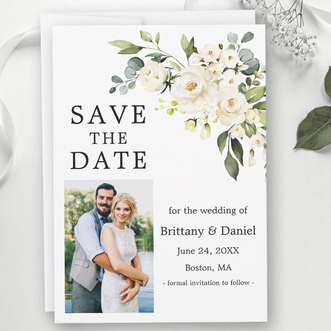 Reserve A Data Watercolor White Floral Greenery Foto (Customize to change text size or text style.)