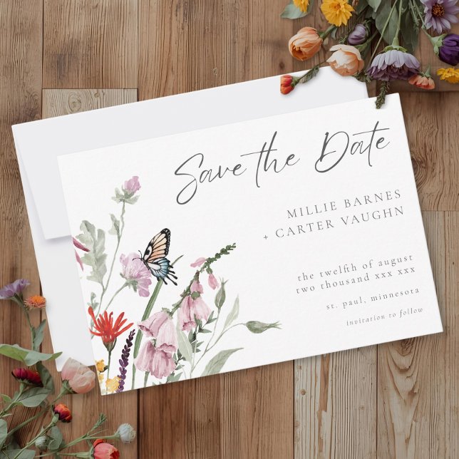 Reserve A Data Watercolor Wildflower Butterfly Modern Wedding (Criador carregado)
