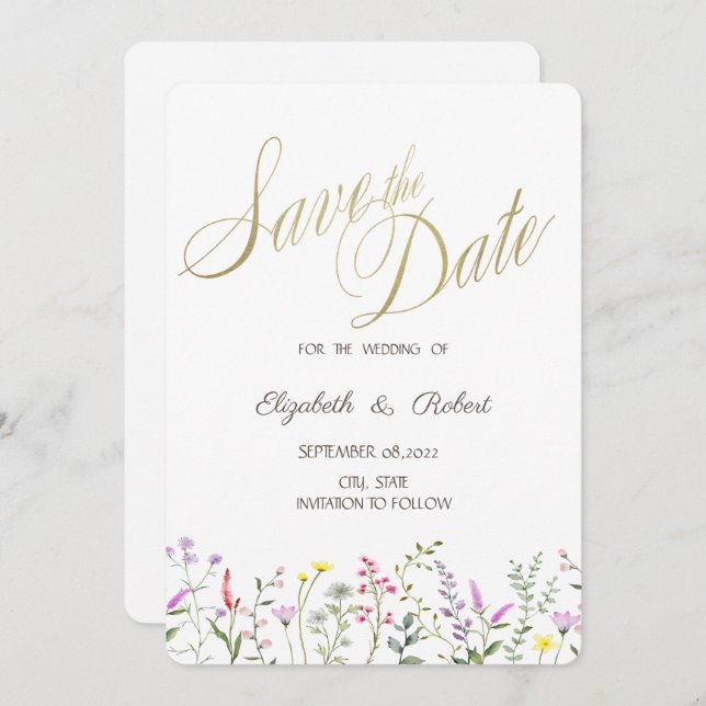 Reserve A Data Watercolor Wildflower Save Date (Frente/Verso)