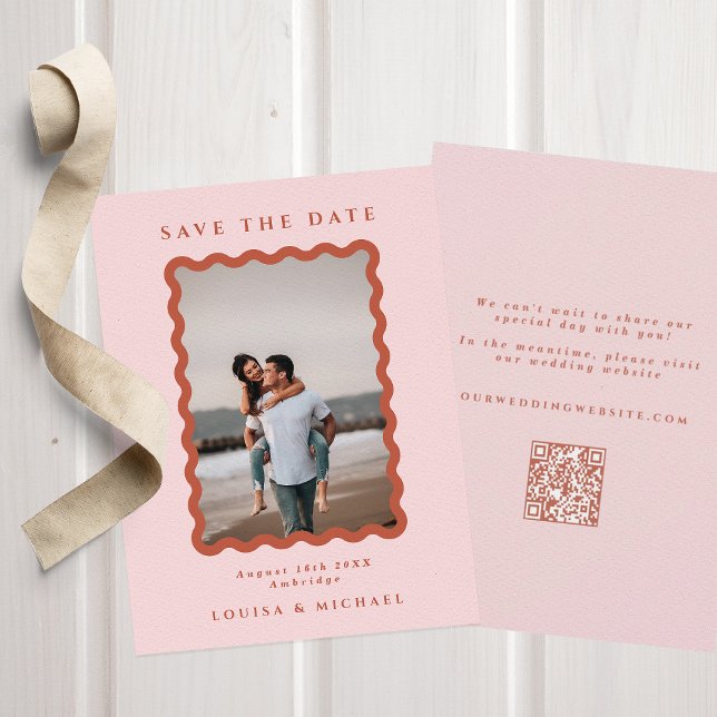 Reserve A Data Wavy Photo QR Code & Blush & Terracotta Wedding (Criador carregado)