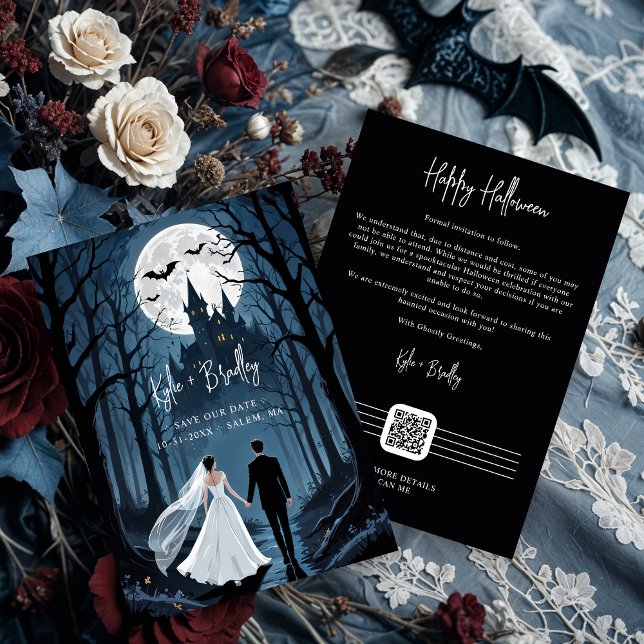Reserve A Data Wedding Couple Spooky Forest Toward Haunted Castle (Wedding Couple in Spooky Forest Toward Haunted Castle Save the Dates Cards with QR Code.)