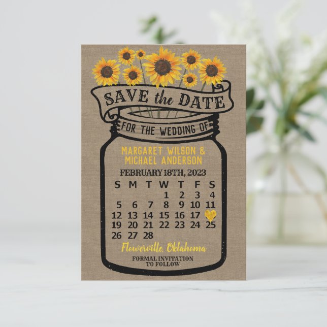 Reserve A Data Wedding Mason Jar Sunflower Fevereiro 2023 Calendá (Em pé/Frente)