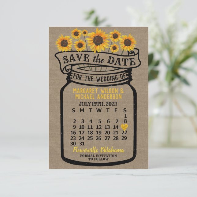 Reserve A Data Wedding Mason Jar Sunflower Julho de 2023 Calendár (Em pé/Frente)