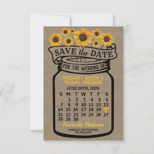 Reserve A Data Wedding Mason Jar Sunflower June 2020 Calendar (Frente)