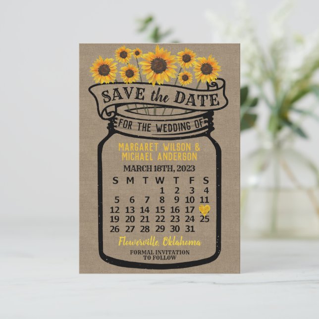 Reserve A Data Wedding Mason Jar Sunflower Março 2023 Calendário (Em pé/Frente)