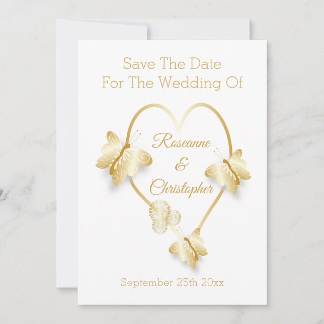Reserve A Data Wedding Save The Date Gold Colour Heart Butterfly (Frente)