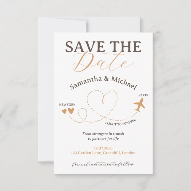 Reserve A Data Wedding Save the Date travel flight plane (Frente)