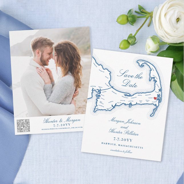 Reserve A Data Wequassett Resort Cape Cod Wedding Código QR (Wequassett Resort Wedding Small Save the Date with QR Code and Photo in elegant navy blue)