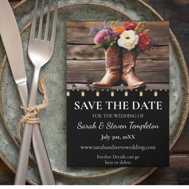 Reserve A Data Western Cowboy Boots Floral Elegante Mason Jar (Western Cowboy Boots Floral Elegant Country Farm Save the Date and Invitation Suite)