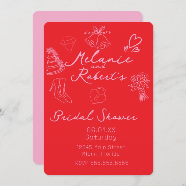 Reserve A Data Whimiscal Doodles Bright Pink Bridal Shower  (Frente/Verso)